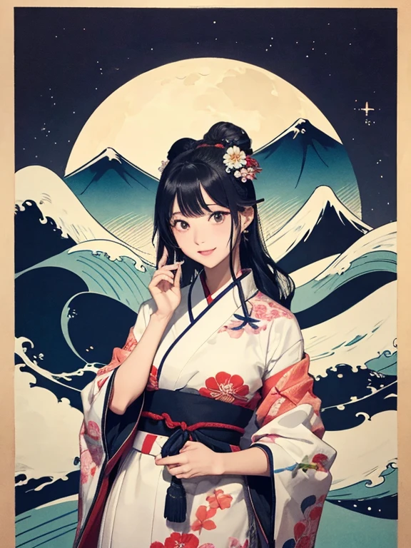 (Highest quality、masterpiece、High resolution、8K)、Ukiyo-e、Vibrant colors、Katsushika Hokusai、1 female、Black hair Japanese topknot、whole body、Bon dance、着物は和装で白地に鮮やかなflower柄模様、Official Art、背景はUkiyo-e風、White waves,Fuji Mountain,flower,moon,cloud,