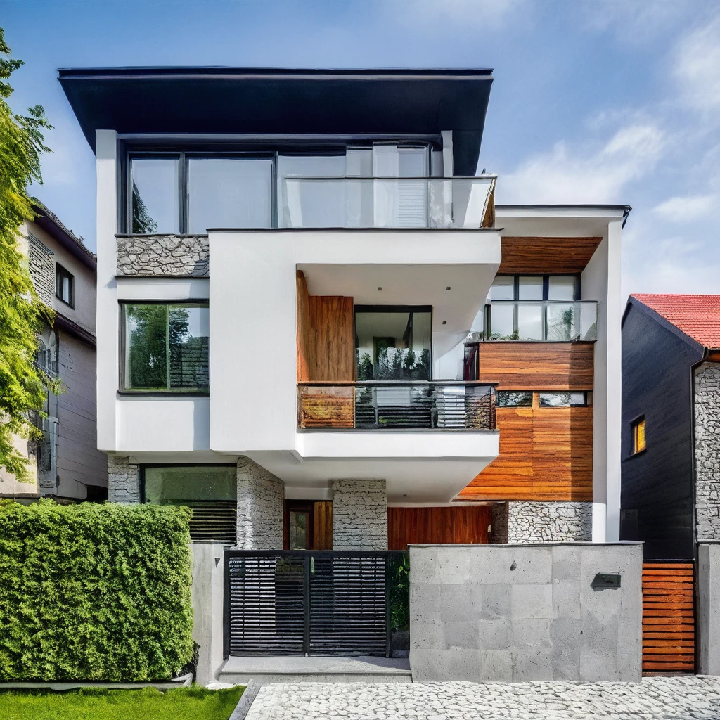 MODERN HOUSE is located on the upper hill, street and paverment,
