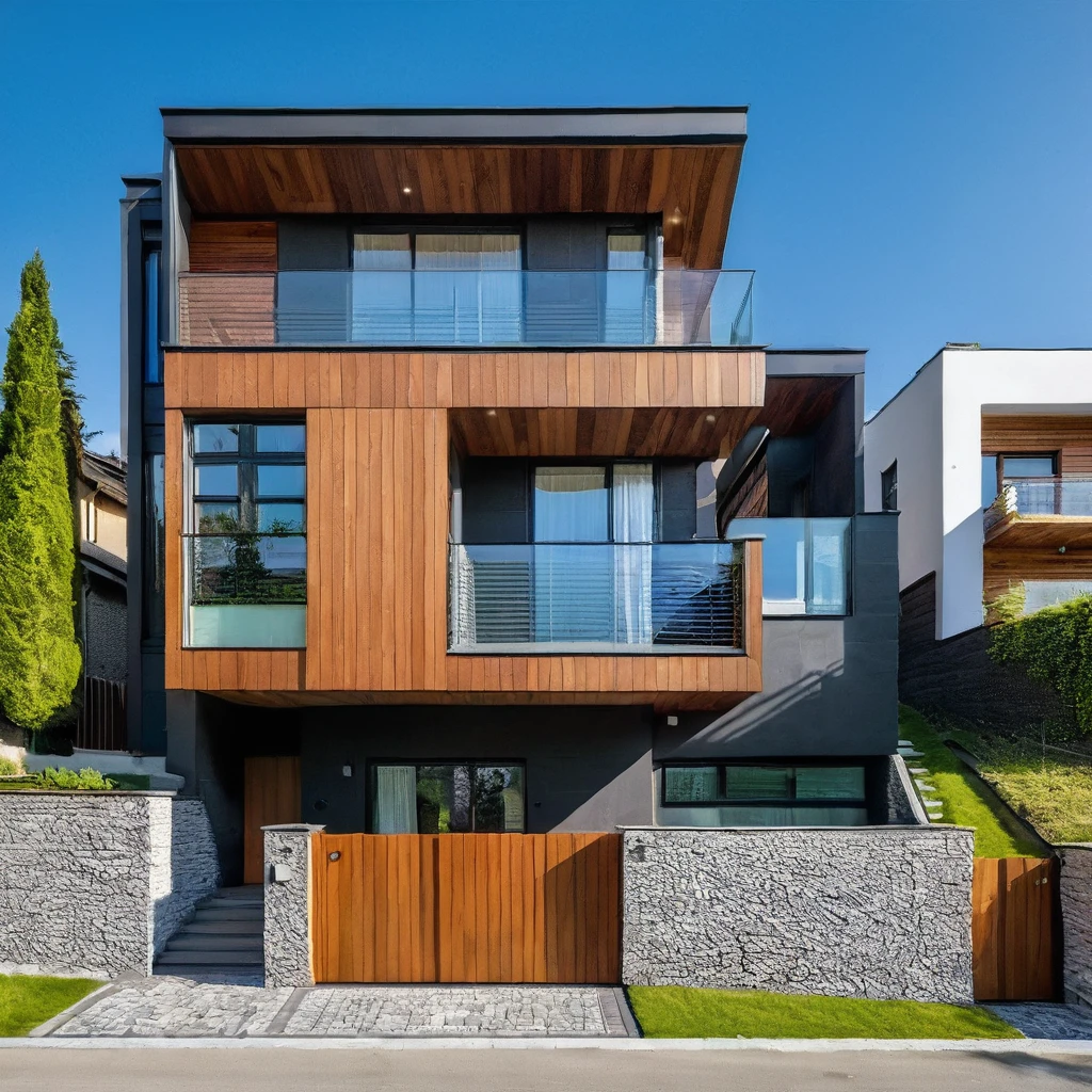 MODERN HOUSE is located on the upper hill, street and paverment,