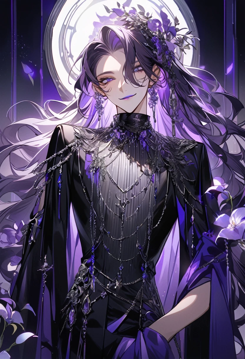 Feminine boy, soft womanish facial features, smile, squinted siren dark blue eyes without glare, silver ans dark purple long loose hair with straight bang, fantasy black clothes with blue and purple elements, long black gloves, model, gorgeous, elegant, lots of silver jewelry, flowers in his hair, skinny body, hourglass figure, light lipstick, pants