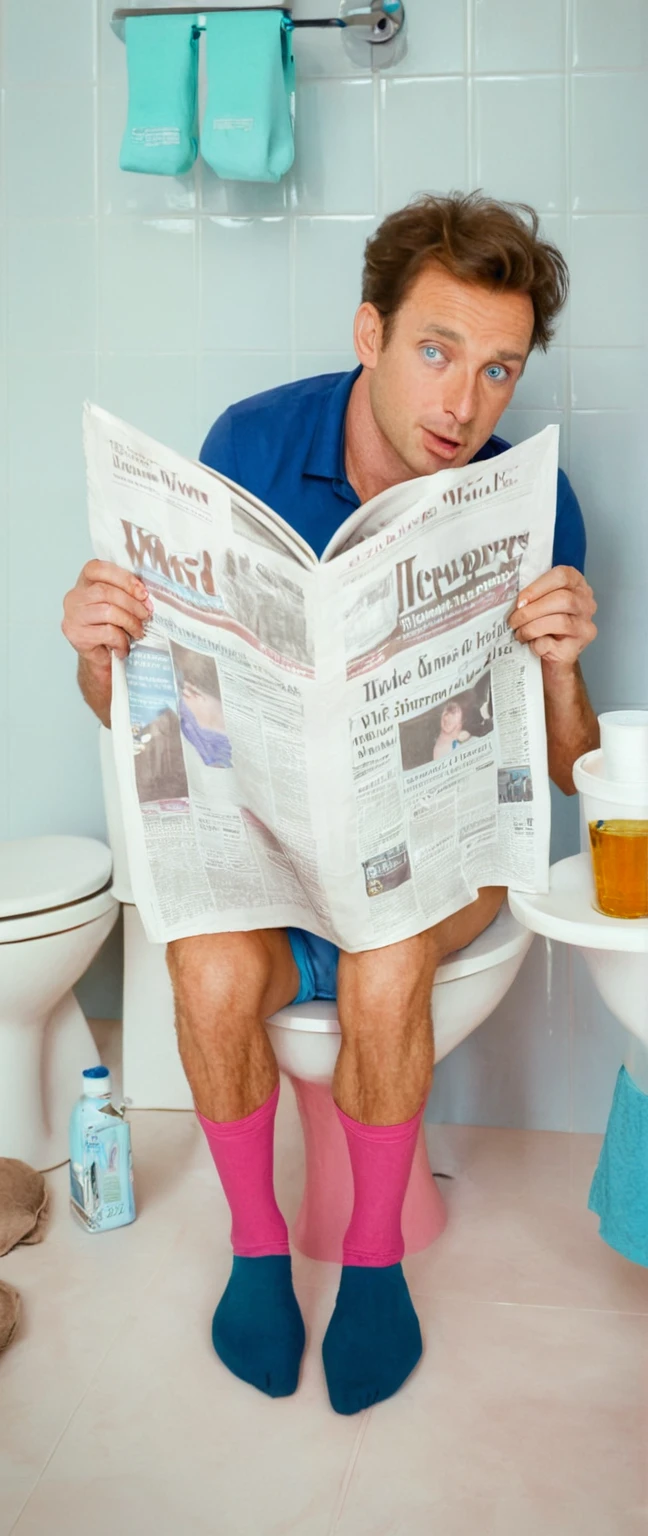 Realism，photography，8K,detail，Man sitting on toilet and reading newspaper，Newspaper in hand，Brown hair，Blue Eyes，Pink panties on calves，Blue top