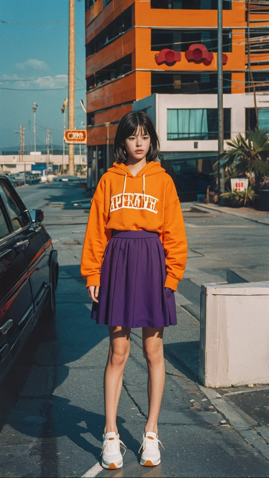 analog film photo cinematic photograph long shot portraits by Wes Anderson, cute 23 yo girl ,fokus, bokeh ,wear ((orange color oversized_hoodie)), wear ((purple tennis skirt)),looking front,Best Quality,Masterpiece,Ultra High Resolution,(Realisticity:1.4),Original Photo, 1Girl, light leak,ultra high resolution,UHD,beautiful, (black bob hair), almond eye, no makeup, in front of (80's mondrian architecture motel), (realistic:1.2), (surreal:1.3), (very detailed:1.1), ((masterpiece)),summer, blue sky, palm trees,sunny, los angles vibes,film camera, 800mm lens,style of Philip Lorca diCorcia