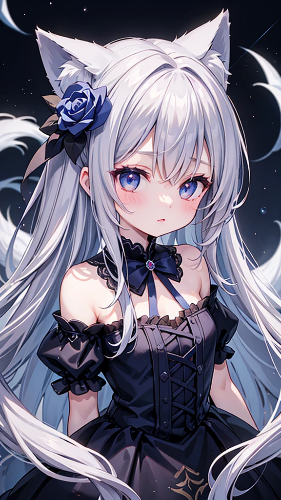 Masterpiece、Best image quality、Highest quality、High resolution、Head portrait、Anime Style、Beautiful sky full of stars、Left eye is red、Right eye is blue、Your eyes are pure and clear like jewels.、Fox ears、Her hair is a beautiful silvery white、A single flyaway hair、Sophisticated long wavy hair、She has beautiful light blue twin long extensions on both sides of her hair.、Golden bell hair ornament、18-year-old fox girl、Deep blue gothic lolita outfit with rose embroidery、Big ribbon on the chest、Beautiful CG、highlight、Small breasts、Hyper HD、16K,Perfect silver hair、Unparalleled cuteness、8K、Delicately depict facial features、Delicate depiction of hair）、（+++Complete Hand：2+++）、（+Gear 1.9+）、Delicately drawn fingers、4K quality、Extremely detailed depiction、A very delicate painting、One person girl、Adorable、whole body