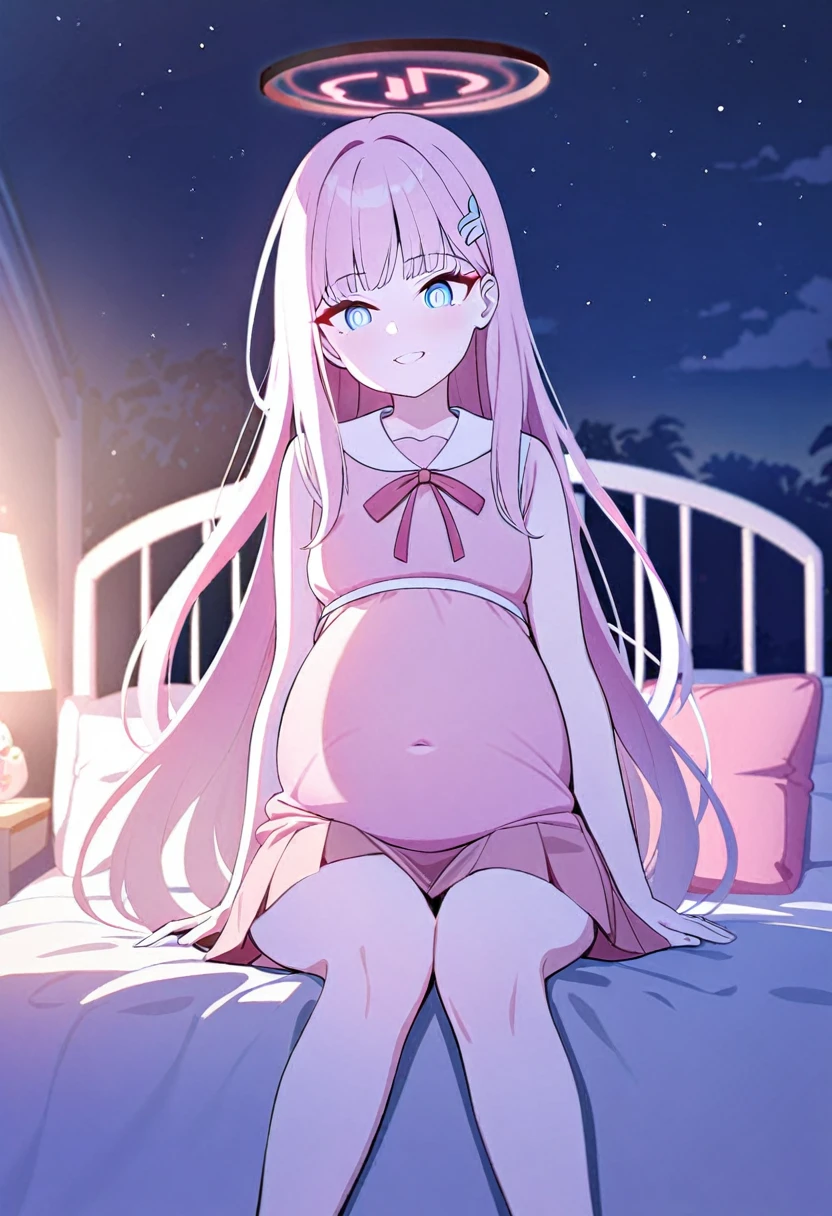 rio/Blue archive, 1 girl,long hair,pink hair,blue eye,kinder garten ,pink uniform,skirt, pregnant, sit bed, night time, smile,flower hair clip,