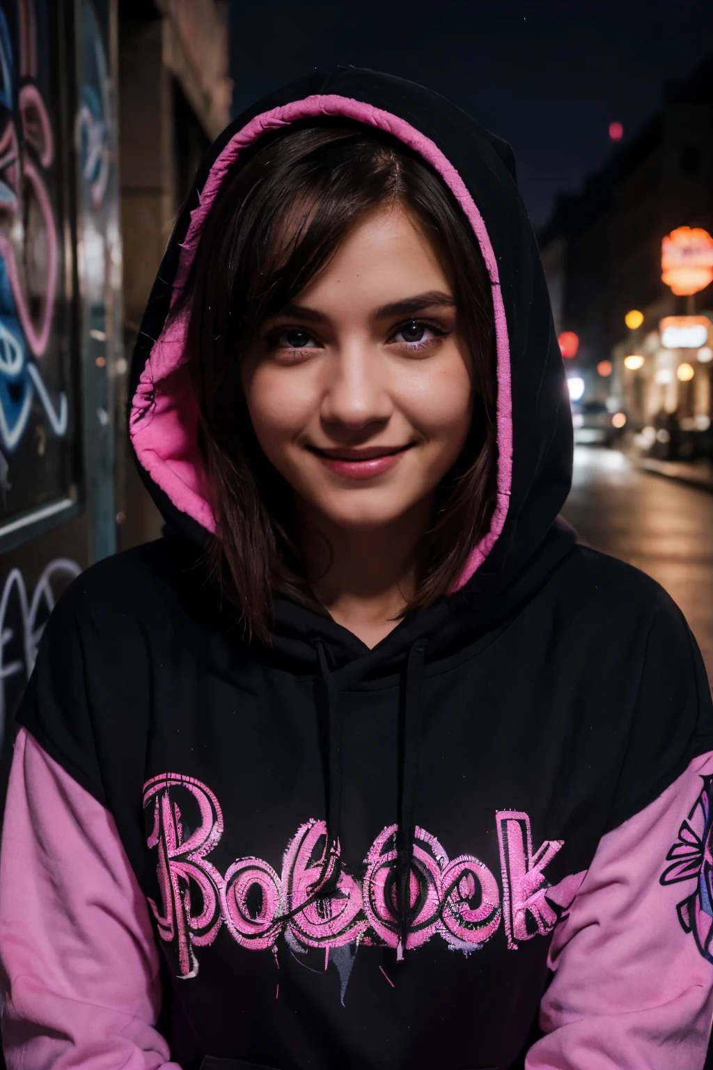 detailed background, masterpiece, best quality, smile, ornament, hood, portrait, neon pink, graffiti, dark, night, bright eyes, purple light
