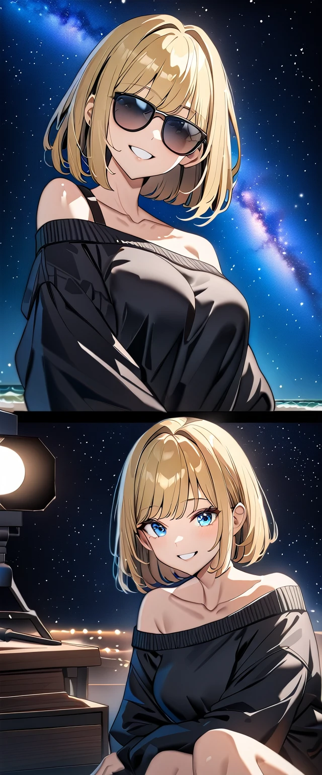 ((grin)), ((off-shoulder sweater:1.3, Quite thick shoulder straps)), ((black sweater)), ((blond hair, bob cut:1.3)), ((sunglasses, hand to sunglasses)), (((from side))), ((((upper body)))), bare legs, ((Leaning to side)), (((a beautiful starry sky, the Milky Way shining beautifully in the night))), ((standing on the very high cliff)), wavy hair, inward curled hair, ((sea, nature)), breasts, ager, (looking at viewer), oversized clothes, puffy long sleeves, collarbone, head tilt:1.3, (((blue eyes))), happy smile, (((anime style))), (best quality, 4K, 8K, highres, masterpiece:1.2, ultra-detailed, ultra-detailed eyes, HDR, uhd, studio lighting, ultra-fine painting, sharp focus, physically-based rendering, extreme detail description, professional, vivid colors, bokeh)