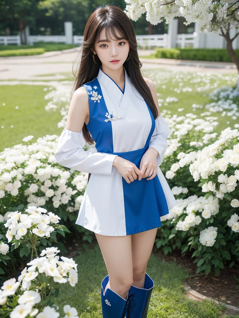 Beautiful woman wearing a blue white Wearing uniform While standing korea style clothes mini dress with decorations on the shirt and visible shoulders and wearing boots and being photographed with a background And he was in the middle of a yard filled with beautiful white flowers,Korean style swag, beautiful face so gorgeous, Beautiful eyes, y2k style,