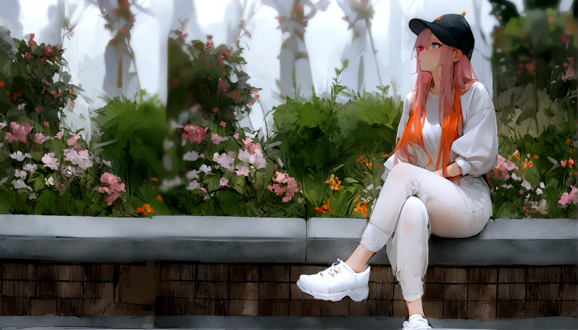 Landscape、Pink Hair, High resolution, 1 Girl, Korean, Eyes with heterochromia, best quality, (masterpiece), best quality, 1girl, (独奏:1.1), Lens 135mm f1.8, highly detailed, intricate, (sketch:0.8), (white background:1.1),