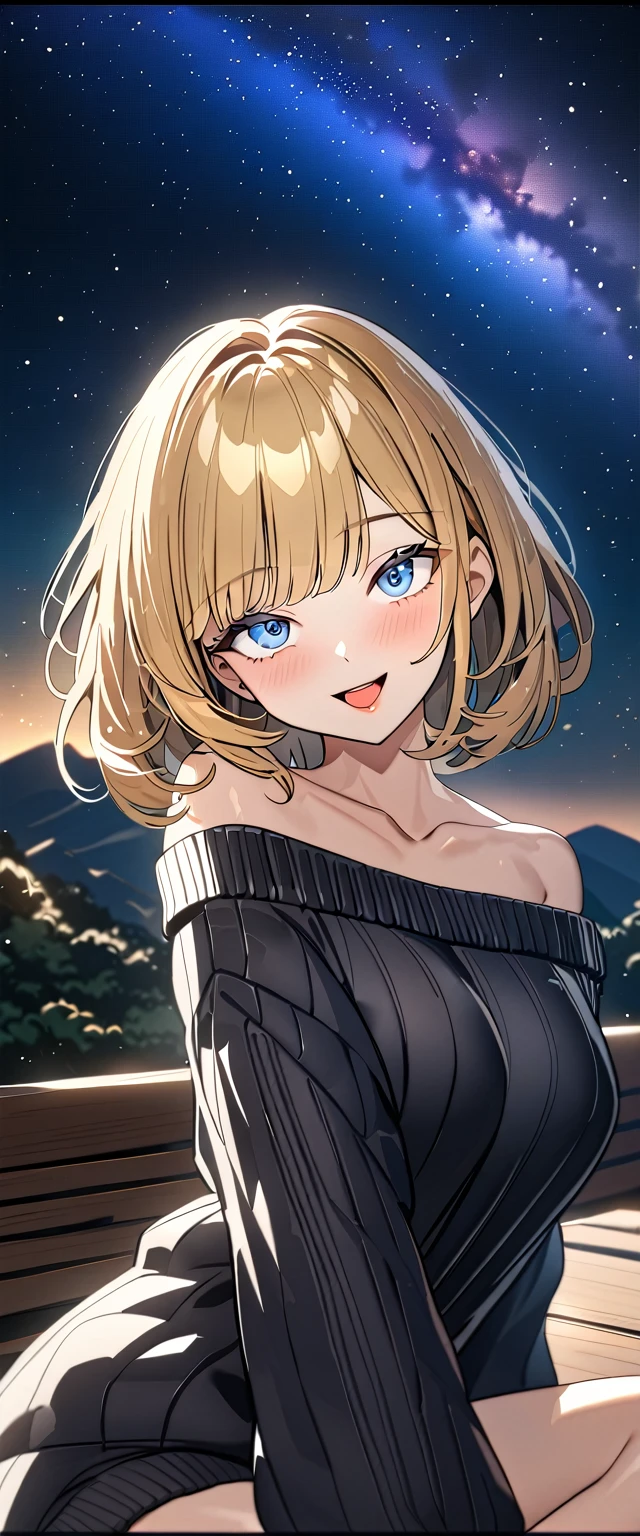 ((ahegao)), ((off-shoulder sweater:1.3, Quite thick shoulder straps)), ((black sweater)), ((blond hair, bob cut:1.3)), ((sunglasses, hand to sunglasses)), (((from side))), ((((upper body)))), bare legs, ((Leaning to side)), (((a beautiful starry sky, the Milky Way shining beautifully in the night))), ((sitting on the very high cliff)), wavy hair, inward curled hair, ((sea, nature)), breasts, teenager, (looking at viewer), oversized clothes, puffy long sleeves, collarbone, head tilt:1.3, (((blue eyes))), happy smile, (((anime style))), (best quality, 4K, 8K, highres, masterpiece:1.2, ultra-detailed, ultra-detailed eyes, HDR, uhd, studio lighting, ultra-fine painting, sharp focus, physically-based rendering, extreme detail description, professional, vivid colors, bokeh)