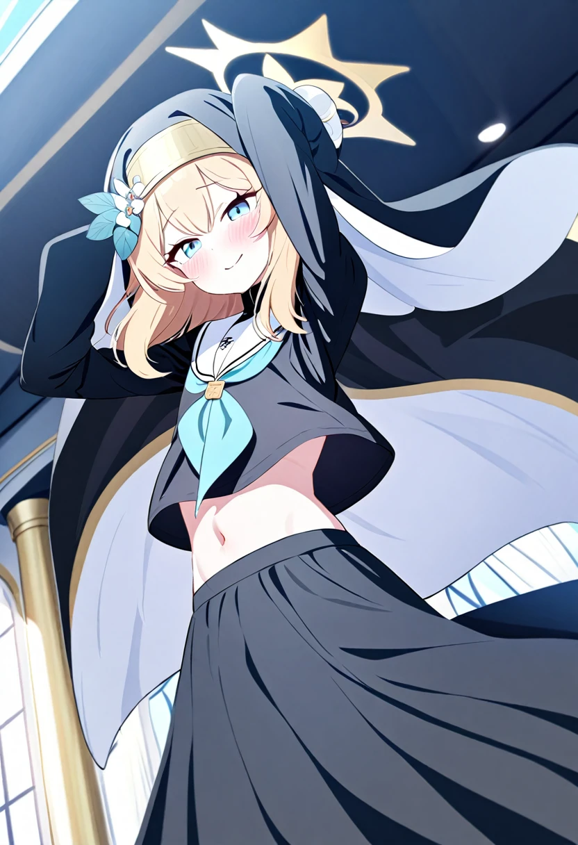Mari/Blue archive,long skirt,long sleeve,nun uniform,two arm above head,navel showing, midriff,two arm pit,stand up, beautiful navel,stand up,shy face,blush,heart eye,smile,