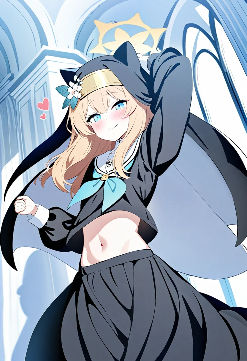 Mari/Blue archive,long skirt,long sleeve,nun uniform,two arm above head,navel showing, midriff,two arm pit,stand up, beautiful navel,stand up,shy face,blush,heart eye,smile,