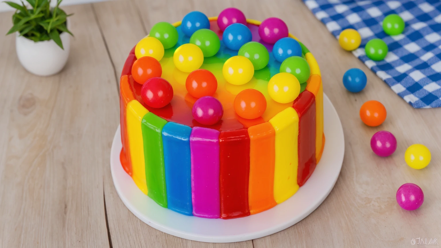 on a wooden table, cake on a white plate. rainbow chocolate bar cake, rainbow ganage on top, rainbow spheres made of polymer clay. there is a blue checkered tablecloth on the table. scattered rainbow jelly beans. there is a vase with a plant on a wooden table. Realistic style, realistic texture, detailed texture, bright lighting, Beautiful light from the window, high quality, A high resolution, macro photography, ultra hd 4k, Beautiful sunlight