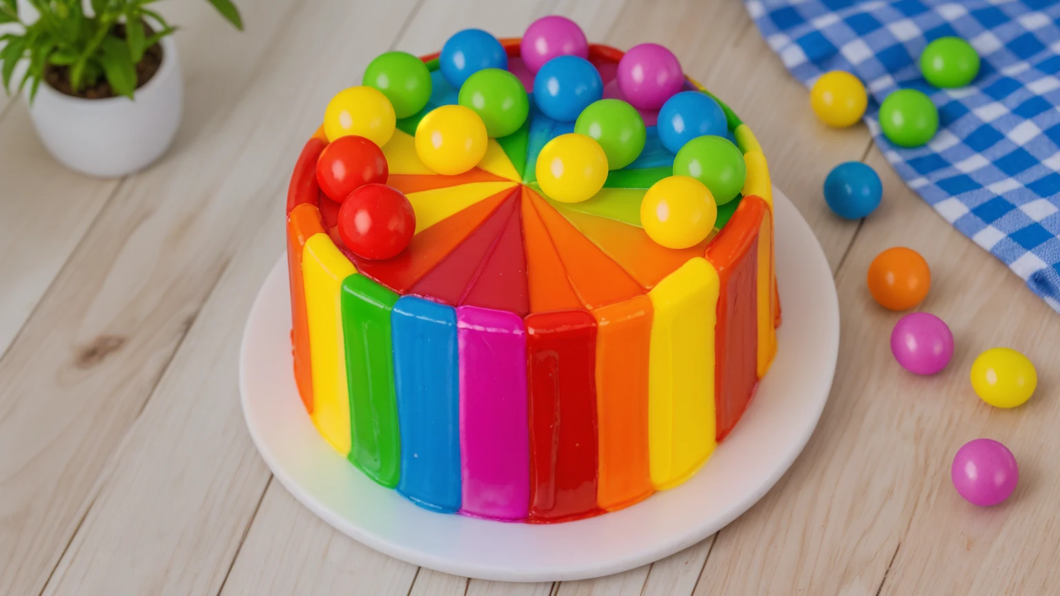 on a wooden table, cake on a white plate. rainbow chocolate bar cake, rainbow ganage on top, rainbow spheres made of polymer clay. there is a blue checkered tablecloth on the table. scattered rainbow jelly beans. there is a vase with a plant on a wooden table. Realistic style, realistic texture, detailed texture, bright lighting, Beautiful light from the window, high quality, A high resolution, macro photography, ultra hd 4k, Beautiful sunlight