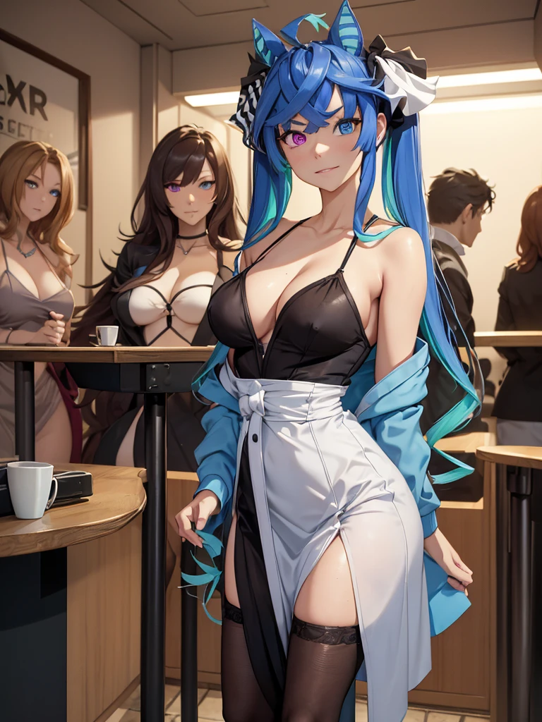 (masterpiece、top-quality、hight resolution), A scene in which a customer meets a designated sex worker in a waiting room. The scene is seen from the customer's point of view and depicts the sex worker approaching with a professional and friendly smile. The waiting room is simple and has a rugged atmosphere. The sex worker is wearing an attractive outfit and is confident and charming. The sex worker says to the customer, "I'm not a sex worker. Thank you for your appointment. Please come this way." Twin_Turbo_Umamusume, aqua hair, twintails, heterochromia, purple eyes, blue eyes, sharp teeth, multicolored hoodie, hores tails, nsfw, ((slip dress, alone, 1girl))