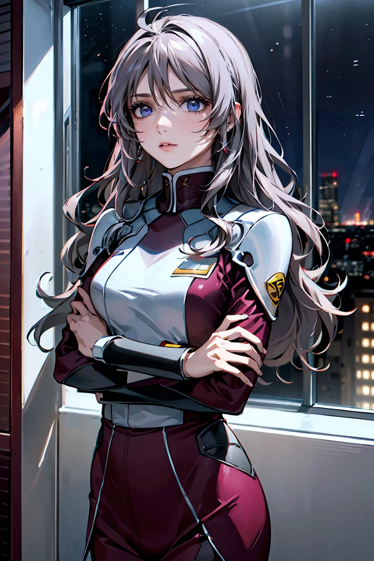 「A 20-year-old young female pilot、Height: 165cm、(Long wavy silver hair:1.8, Deep purple eyes)。With skin as white as porcelain、His calm and intelligent expression exudes kindness.。Wearing an elegantly designed futuristic suit、Silver and purple accents。A shiny bracelet on his left wrist、She has a small earring in her right ear.。The background is a futuristic cityscape seen from a room in a high-rise building.、Outside the window, the night city spreads out。In a standing position、Hold the window frame lightly with one hand、Gazing into the distance。He exudes an air of keen intelligence and deep compassion.。」Perfect Anatomy