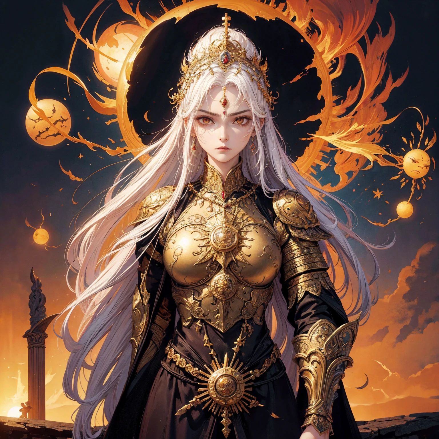 Art of a Woman Wearing a Sun Crown, Wearing a gorgeous breastplate that exposes a small amount of skin above the chest, ancient goddess art, Sacredness. Very detailed, Mysterious inspiration, Inspiration from the Sun God, Religious inspiration, A face that despises everything, Slightly angry face, White hair, Standing, Full body portrait, Gothic art style, Weird art style, Occult art