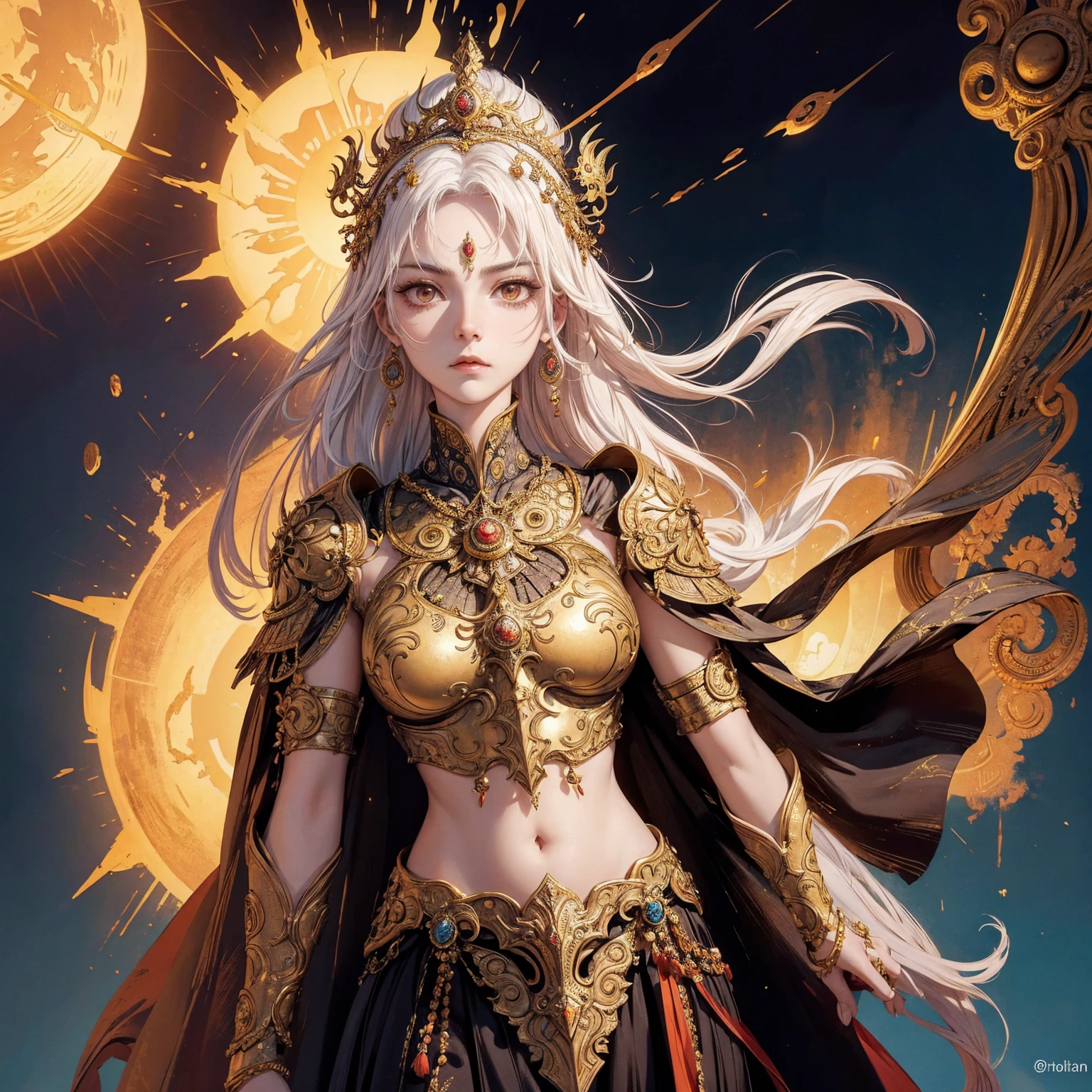 Art of a Woman Wearing a Sun Crown, Wearing a gorgeous breastplate that exposes a small amount of skin above the chest, ancient goddess art, Sacredness. Very detailed, Mysterious inspiration, Inspiration from the Sun God, Religious inspiration, A face that despises everything, Slightly angry face, White hair, Standing, Full body portrait, Gothic art style, Weird art style, Occult art