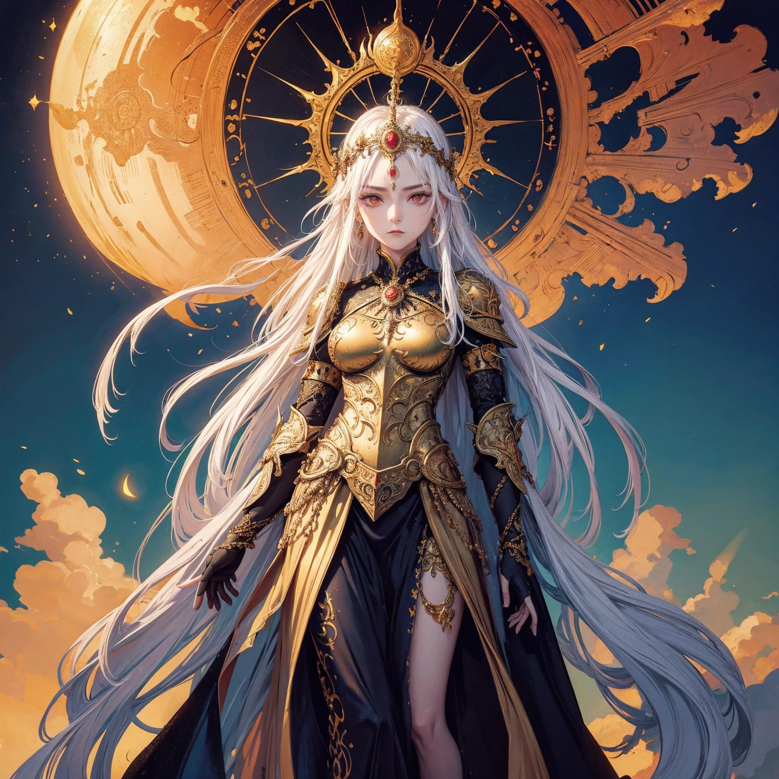Art of a Woman Wearing a Sun Crown, Wearing a gorgeous breastplate that exposes a small amount of skin above the chest, ancient goddess art, Sacredness. Very detailed, Mysterious inspiration, Inspiration from the Sun God, Religious inspiration, A face that despises everything, Slightly angry face, White hair, Standing, Full body portrait, Gothic art style, Weird art style, Occult art