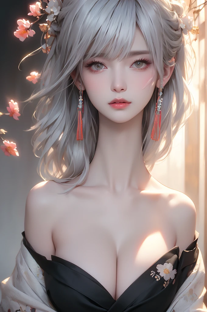super high quality, masterpiece, Perfect illustration, Very detailed、8k wallpaper, Very detailed (Exquisite light and shadow, Very dramatic photo,Backlight) , ((Gray Hair:1.5))1 Girl, alone, (Wearing classic Japanese clothing, Royalty、Black kimono,Thick fabric,Long sleeve) (A mix of Japanese and Chinese clothing)Flower Field, Flowers, (White smoke:1.3) (Realistic:1.4), (Dynamic Angle: 1.4), Glowing Skin, (Floating colorful flashes: 1) The most beautiful chaotic shapes, elegant, Brutalist Design, Bright colors, Romantic Depth of Field Exotic_dance, half_naked、((Off the shoulder、Medium Chest、Beautiful cleavage、Touching lips))