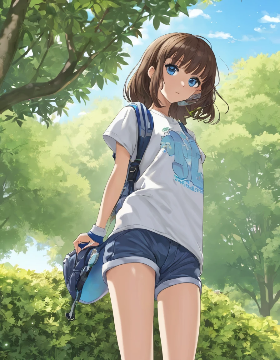 BREAK Perfect Anatomy、(High resolution:1.2)、Incredible illustrations、(Cute illustrations:1.2)、
()(hip focus,) (Beautiful background(bushes in the park))
1girl((brown hair,asymmetric bangs, tanned skin: 1.4,blue eyes,fang)1girl((a girl,slender 1.3meters, 25kg, (( T-shirt, hot pants,thigh-high socks,
sandals),clothes lift T-shirt,bottomless,))(heavy breathing:1.3 ,vulgarity:1.6 ,pussy juice),open stance,