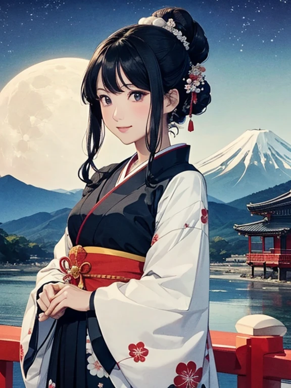 (Highest quality、masterpiece、High resolution、8K)、Vibrant colors、1 female、Black hair Japanese topknot、whole body、Bon dance、着物は和装で白地に鮮やかなflower柄模様、Official Art、The background is Ukiyo-e style、White waves,Fuji Mountain,flower,moon,cloud,