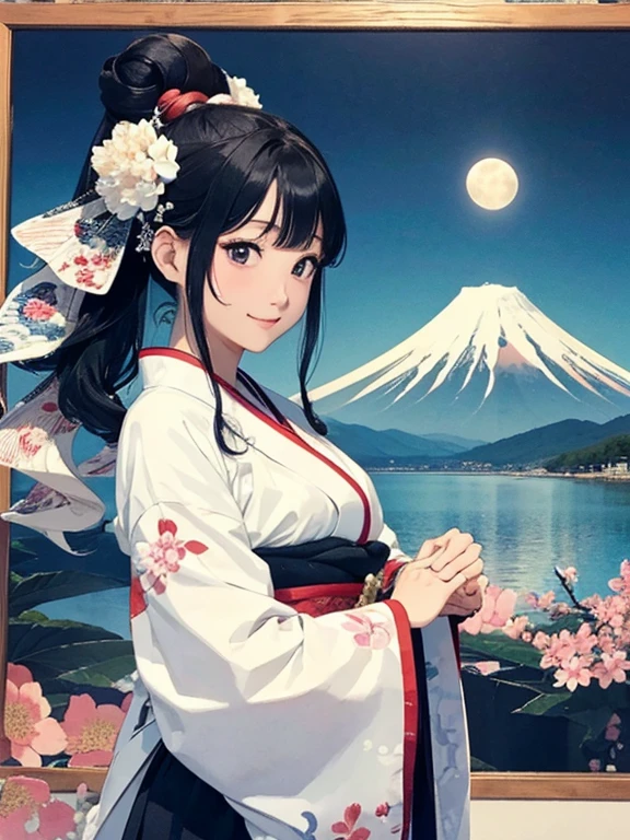 (Highest quality、masterpiece、High resolution、8K)、Vibrant colors、1 female、Black hair Japanese topknot、whole body、Bon dance、着物は和装で白地に鮮やかなflower柄模様、Official Art、The background is Ukiyo-e style、White waves,Fuji Mountain,flower,moon,cloud,