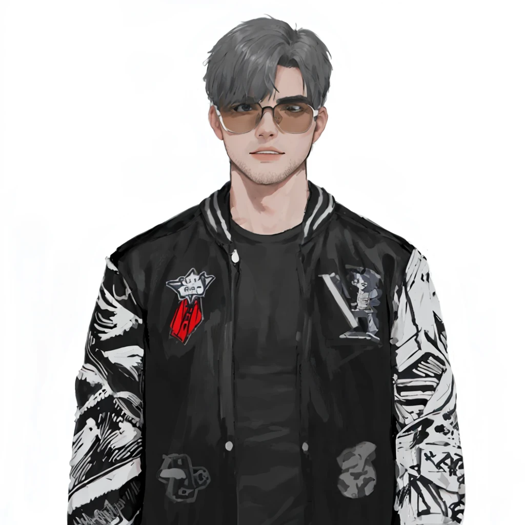 (masterpiece:1.2, best quality), (1men, solo, upper body:1.2),flat face,Hair: buzz cut,Clothing: oversized, distressed denim jacket with patches and pins, paired with black skinny jeans and combat boots, Hanging out in an underground music venue or street art exhibit