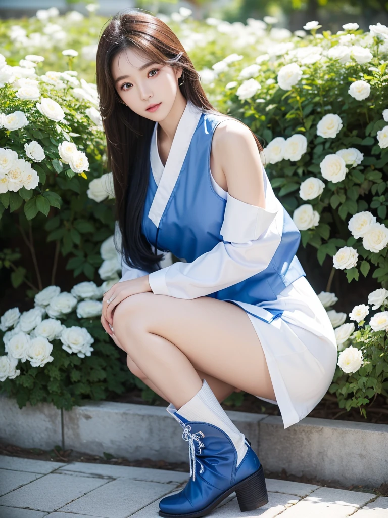 Beautiful woman wearing a blue white Wearing uniform While standing korea style clothes mini dress with decorations on the shirt and visible shoulders and wearing boots and being photographed with a background And he was in the middle of a yard filled with beautiful white flowers,Korean style swag, beautiful face so gorgeous, Beautiful eyes, y2k style,