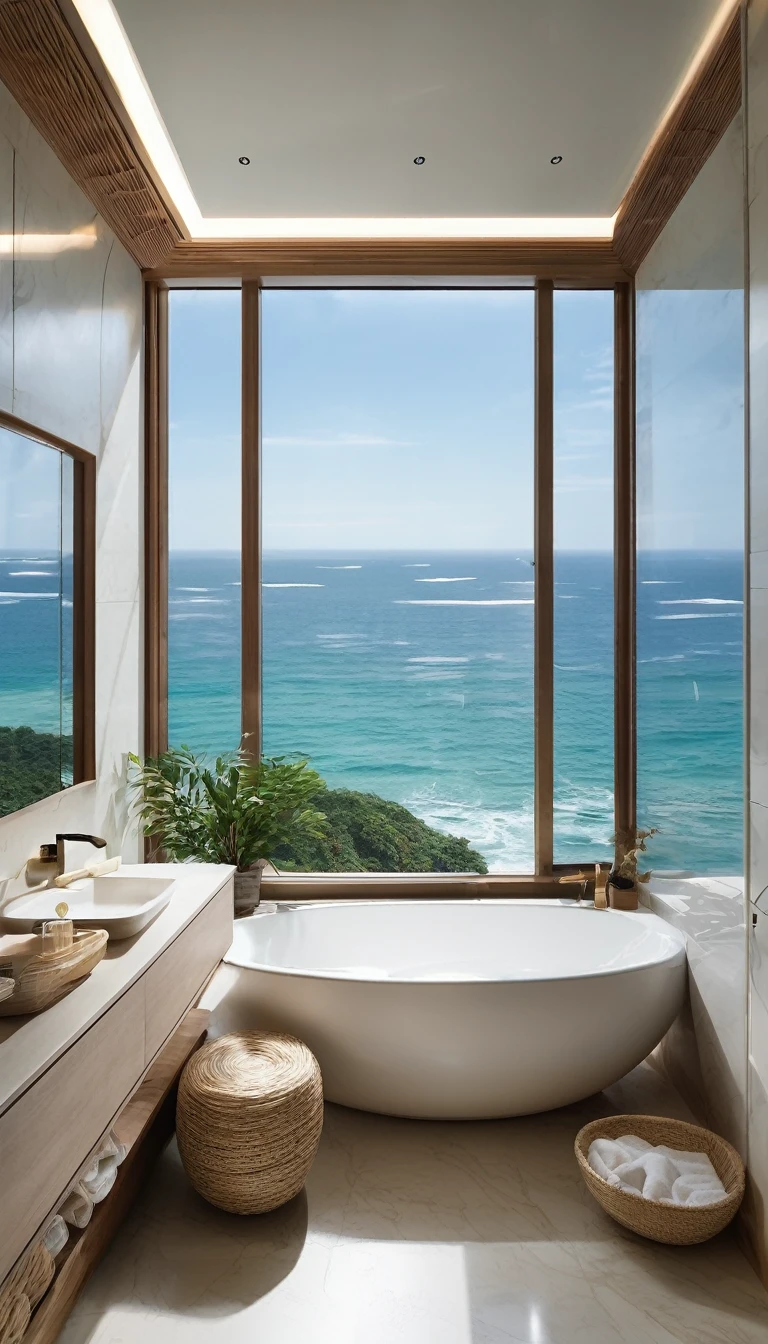 Need bathroom scene picture,Bathroom has glass window,Amazing sea view,Bathrooms need bathtubs,loo,washbasin,Bathroom towel scene minimalist,Main color is natural color