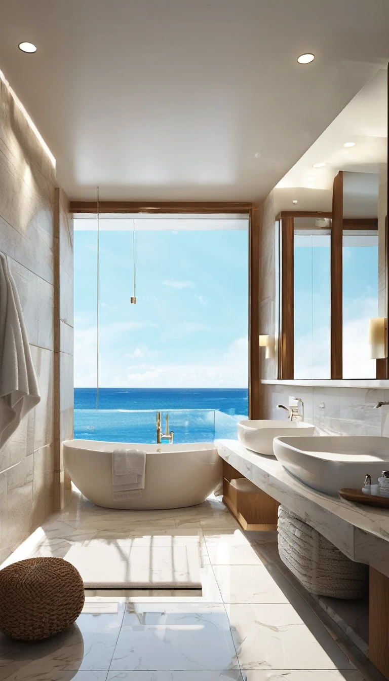 Need bathroom scene picture,Bathroom has glass window,Amazing sea view,Bathrooms need bathtubs,loo,washbasin,Bathroom towel scene minimalist,Main color is natural color