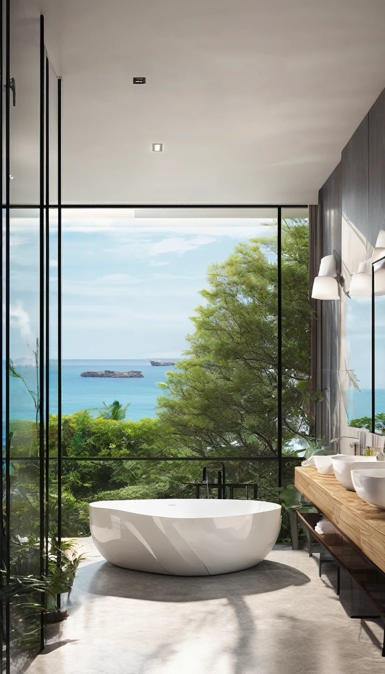 Need bathroom scene picture,Bathroom has glass window,Amazing sea view,Bathrooms need bathtubs,loo,washbasin,Bathroom towel scene minimalist,Main color is natural color