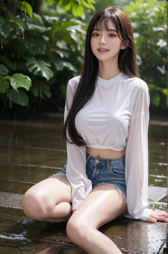 22year old beautiful girl、Highest image quality、realistic、16K、beautiful woman、super long hair、With bangs、Pretty slim、heavy rain、While walking in the rainy park、my white shirt is soaked wet、wet from heavy rain、Full body figure、thin waist、Larger breasts、clear background、look up、Smile a little、髪がびしょ濡れ