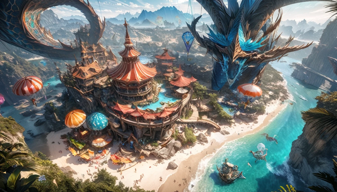 Landscape painting, a beach in another world with a beautiful blue sky.
A giant dragon is sunbathing on the white sand.
Beach umbrellas and beach chairs are placed around the beach, and wizards and fantasy creatures are relaxing.
The sea is a clear blue color, and mysterious creatures can be seen on the seabed.
The beach has a magical ice cream stand and a kite flying in the sky.
Character details:
Dragon: With sparkling green scales, it is relaxing with its wings spread out gracefully. Small dragon babies are playing around it.
Wizard: A wizard in a summer costume is controlling a beach ball with a magic wand.
Other creatures: Fantasy characters such as mermaids and elves are swimming in the sea.
Background details:
Mysterious mountains and floating islands in the distance create an otherworldly atmosphere.
Floating jellyfish and flying fish are in the sky. sharp focus, (ultra detailed, highly detailed) Highly detailed CG Unity 8k wallpaper), ((vibrant colors, vibrant theme))), (intricate), (masterpiece), (best quality), art photo, (photo by sldr), (intricate background), perfectly rendered face, perfect facial details, realistic face, photorealistic, ((intricate details)), ((realism))), full body, wide field of view