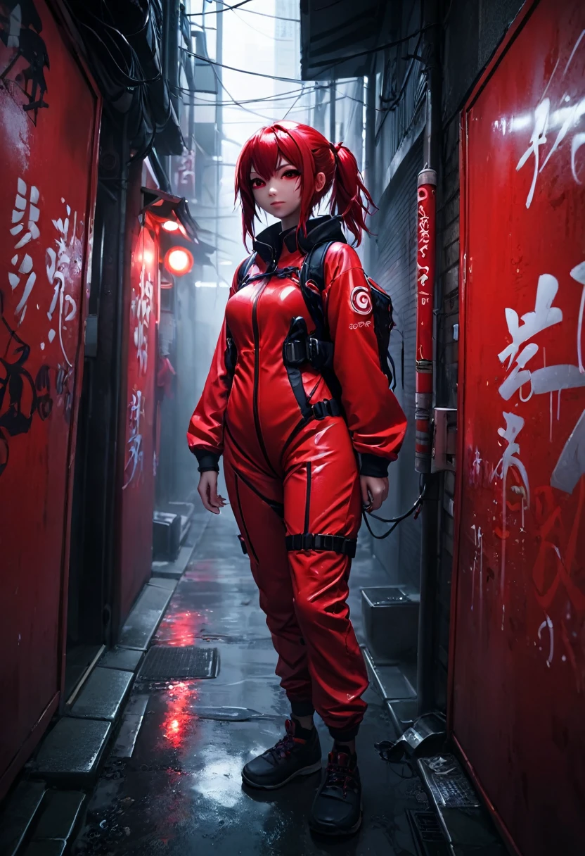1girl, red survival suit, red hair, red eyes, dark alley, red graffiti, japanese led, fog, 8k, ambient occlussion, focus on subject