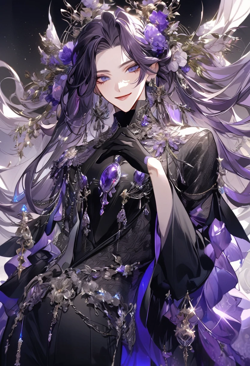 Feminine boy, soft womanish facial features, smile, squinted siren dark blue eyes without glare, silver ans dark purple long loose hair with straight bang, fantasy black clothes with blue and purple elements, long black gloves, model, gorgeous, elegant, lots of silver jewelry, flowers in his hair, skinny body, hourglass figure, light lipstick, pants