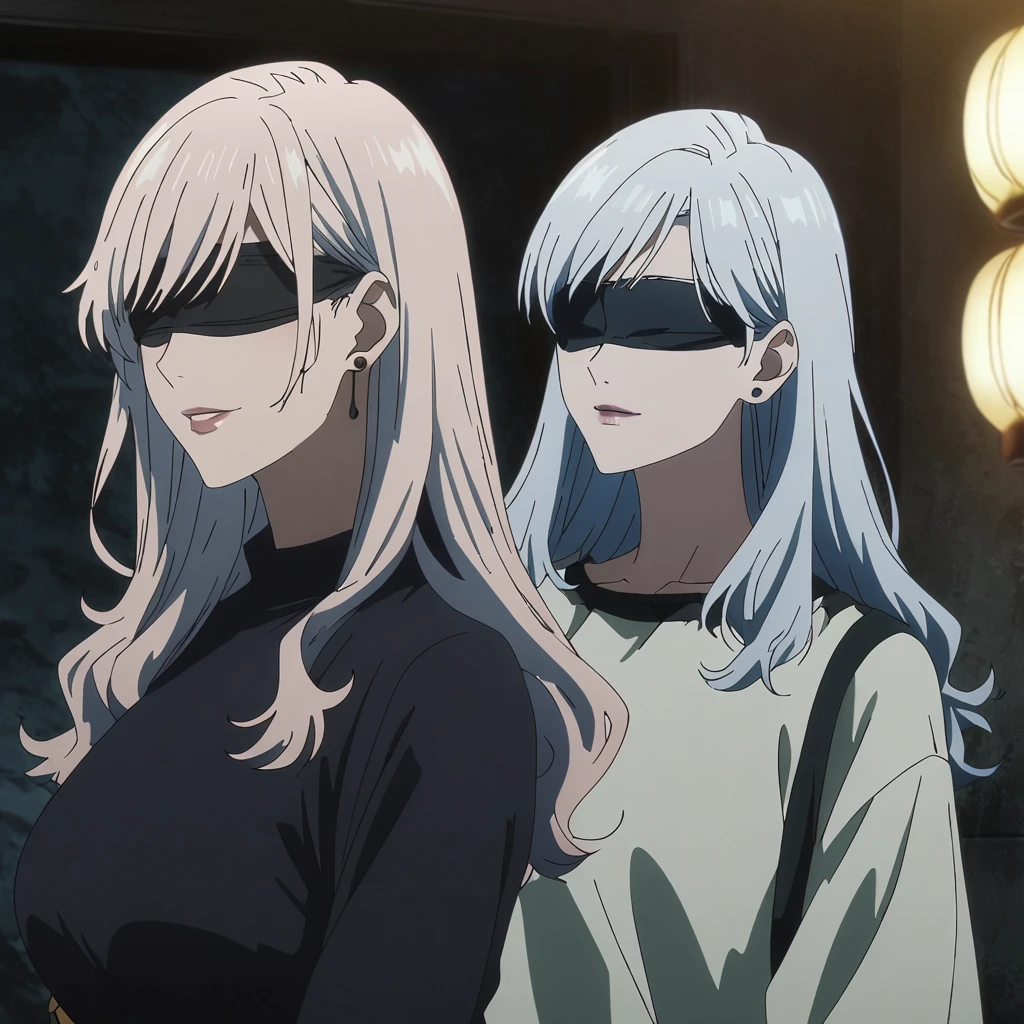 1girl, female gojo satoru, anime screencap from jujutsu kaisen, gojo satoru female version, solo, long_hair, ((wearing black blindfold)) ((White_hair, wavy hair)), night view, (hanging breasts) upper_body, smile, indoors, book, lips, (slightly straight hair) ((wearing casual outfit)) breast, "very detailed and high resolution" (black blindfold) ((shoulder length straight hair)) ((solo)) (((front view))) (earings) ((high resolution)) ((good quality)) ((swept bangs))