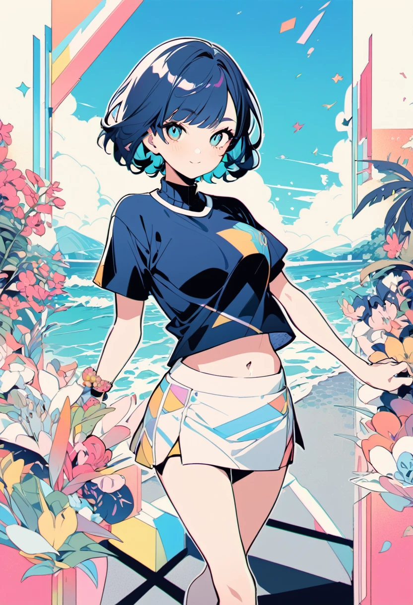 popart style,pastel flat color,(best quality, masterpiece, ultra highres, ultra-detailed) ,Girl walking along the road by the sea,very happy,Beautiful detailed scenery,pose for viewer,
(teen,detailed face,(darkblue wavy-short hair),eyebrows,middle small breasts),inspired by Victo Ngai cmyk palette,BREAK short jacket,belly button shirt,mini skirt,