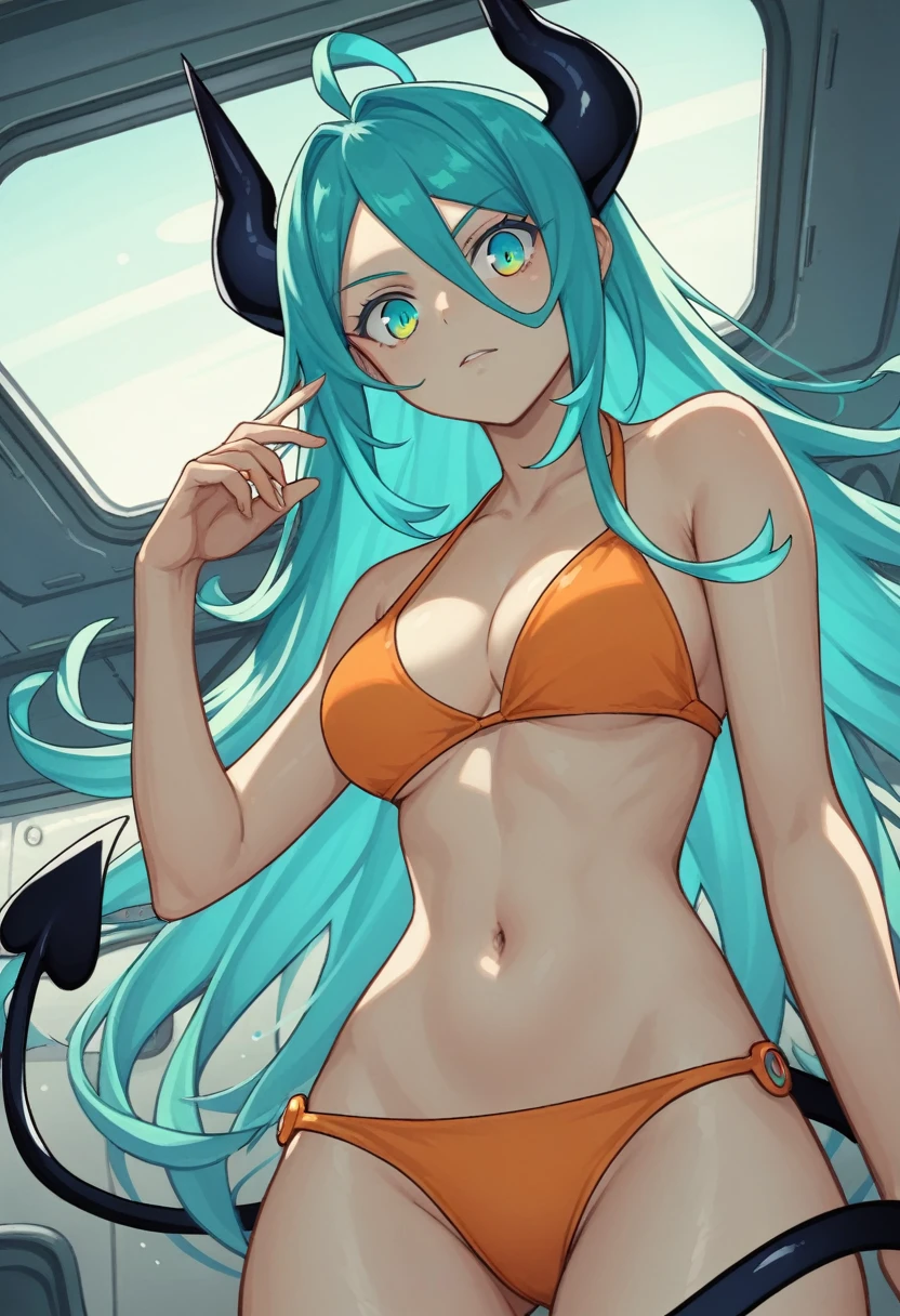 score_9, score_8_up, score_7_up,1 daemon woman, black horns, black demon tail, (aquamarine hair),aquamarine green color hair,ahoge, long hair, (long hair),bangs, light orange bikini, bikini is orange, bikini orange, orange bikini!, (aquamarine eyes), background is spaceship, aquamarine eyes, 1woman ,facing viewer, daemon girl, close up,Well-endowed, alone, Spacecraft interior, sexy pose