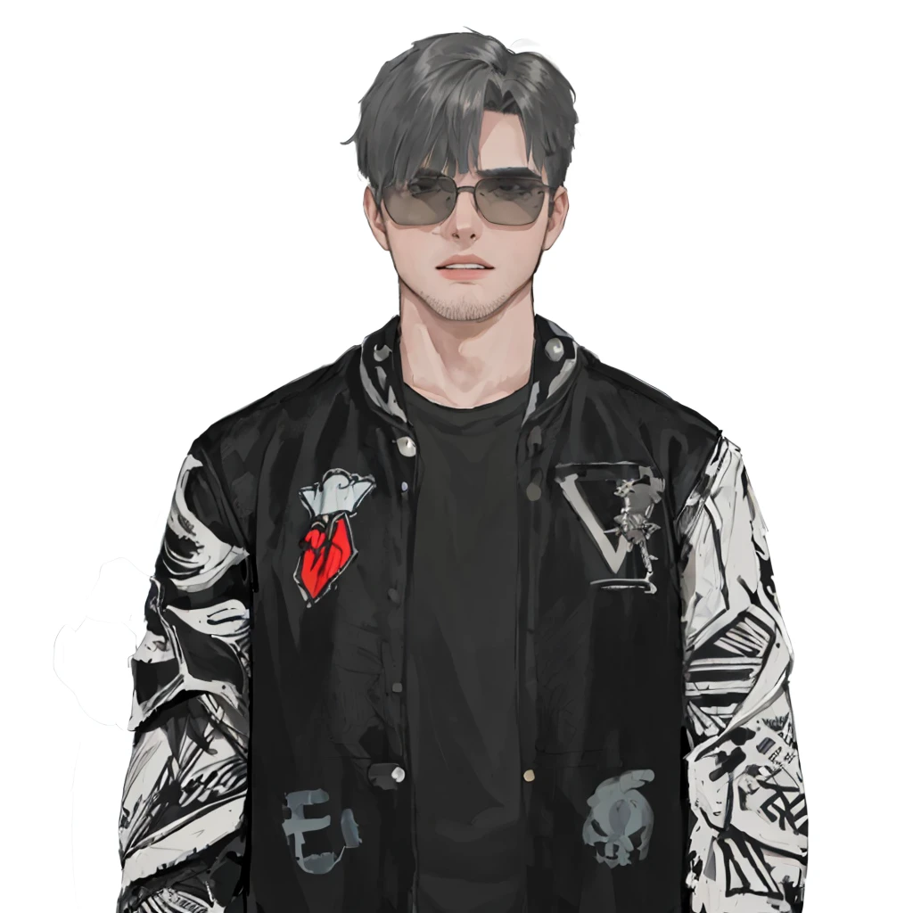 (masterpiece:1.2, best quality), (1men, solo, upper body:1.2),flat face,Hair: buzz cut,Clothing: oversized, distressed denim jacket with patches and pins, paired with black skinny jeans and combat boots, Hanging out in an underground music venue or street art exhibit