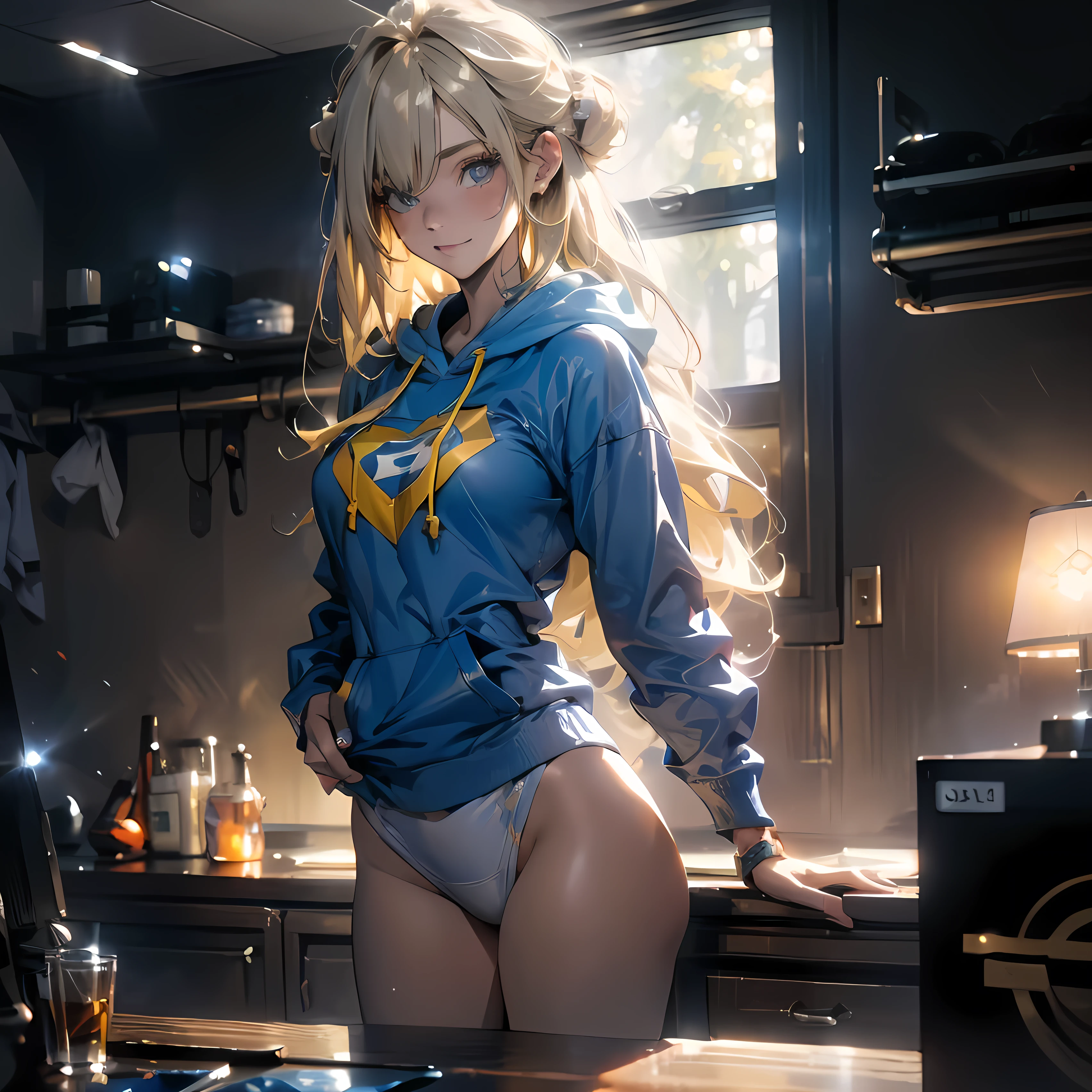 (masterpiece:1.2, best quality,4K), (Very detailed), Gym locker room, 1 Girl, , , Long legs, Long hair, Blonde, (White pantielue Sonic the Hedgehog Hoodie)), permanent, Smile, Original Characters, Volumetric Lighting, Best shadow, Shallow depth of field, (best quality, Stunning details:1.25), Colorful paintings