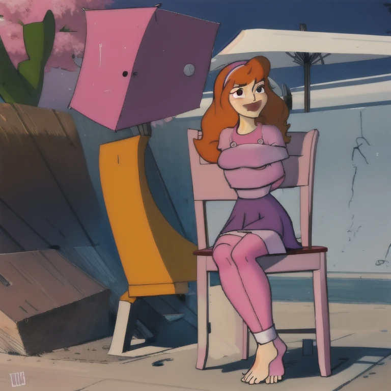 masterpiece,sit tied to a chair, barefoot, full body,best quality,high quality,1girl,solo,pantyhose,hairband,dress,orange hair,black eyes,makeup,lipstick,pink pantyhose,outdoors,day,long hair,