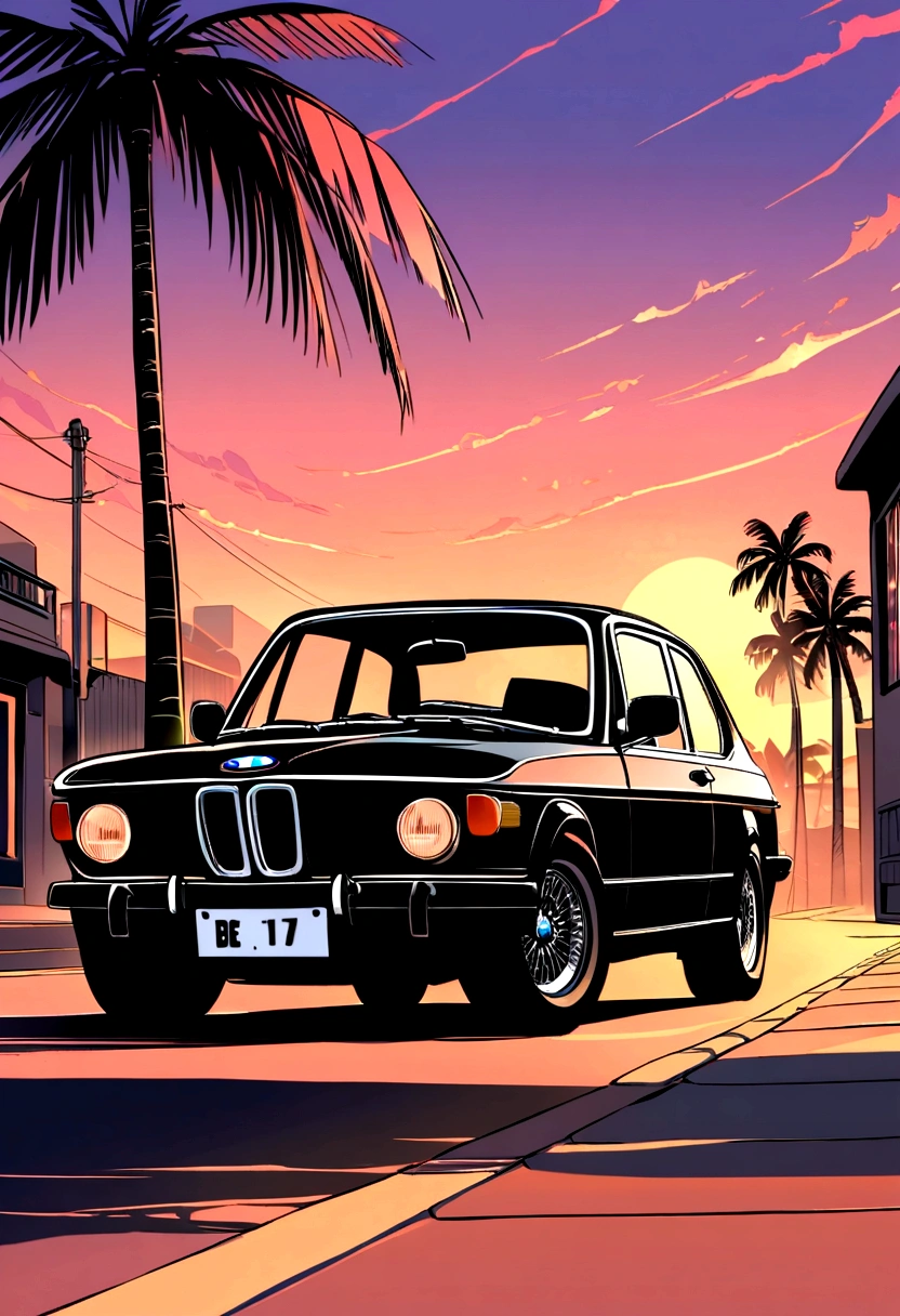 ((sticker design)), Classic BMW Car, Sunset background, palmtrees, 5 layer colors, corner street, Tambor Beleq, Presean, black car