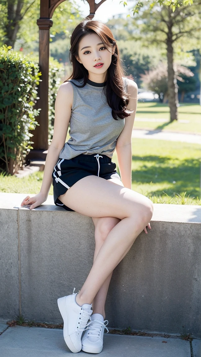 masterpiece, best quality, Surreal, Ultra Detailed, 8k resolution, RAW photos, Clear focus, (A girl in the forest), ((light gray shirt)), sleeveless, sports Shorts,Full body posture, Solitary, Perfect body, Become a,Playful and flirty pose,The calves are straight and thin:1.5,Wear high-end brand colored sneakers:1.5, Bangs to eyebrows、Beautiful brown hair、Beautiful and delicate eyes、Brown eyes、Raise an eyebrow、High Nose、Small nostril、Little mouth、Tempting lips、Mouth slightly open、Beautiful breasts、Full body、Oval face,Phoenix Eyes,Eyebrow, Both eyes, Both eyes皮, Long eyebrows, Long eyelashes, A faint smile,The legs are slender and slender,Incredibly sexy,Perfect proportions Perfect proportions、Perfect Anatomy、Perfect composition、
32 inches in the chest,(a charming smile:1), (sexy pose),26 years old, light,White shoes