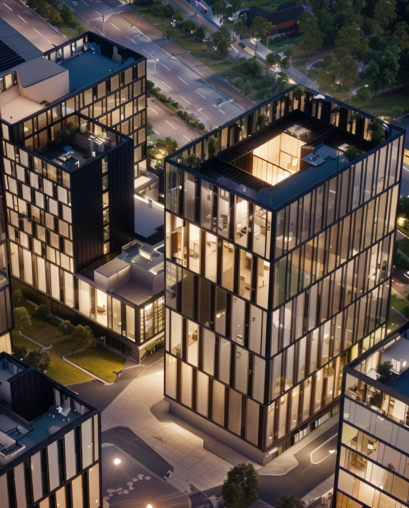 Office building at night with bright sky,Real glass curtain wall,Realistic lighting,full building, realism, Architectural renderings, Aerial View, detailed picture,Architectural Visualization,masterpiece,High Detail,HD resolution,8K,