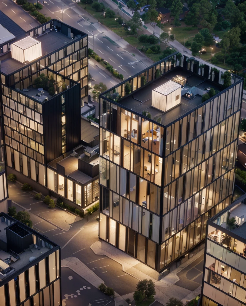 Office building at night with bright sky，Real glass curtain wall，Realistic lighting，full building, realism, Architectural renderings, Aerial View, detailed picture,Architectural Visualization，masterpiece，High Detail，HD resolution，8K，