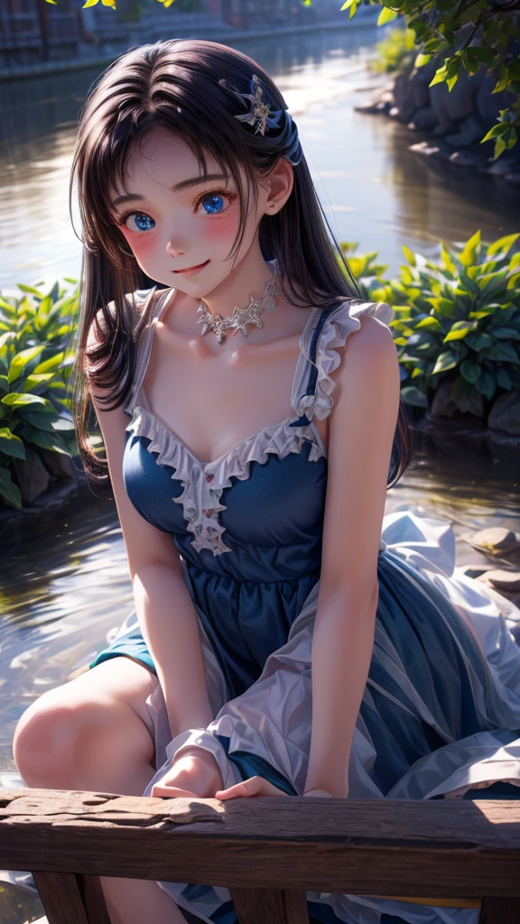 ((masterpiece)), ((highest quality、Ultra high definition)), (Very detailed),8K、Photo quality、((Amazingly cute girl)),((())), Two people, , (Beautiful emerald blue eyes), ((smile)),In the open-air bath overlooking the sea, Beautifully arranged black hair in twin tails、whole body、Cute lolita maid stylimsuit))、Professional Lighting、(White lace knee-highore detailed and beautiful)、(More details and cutenesore realistic)、(((Just wear light clothing)))、プールではしゃぐ、