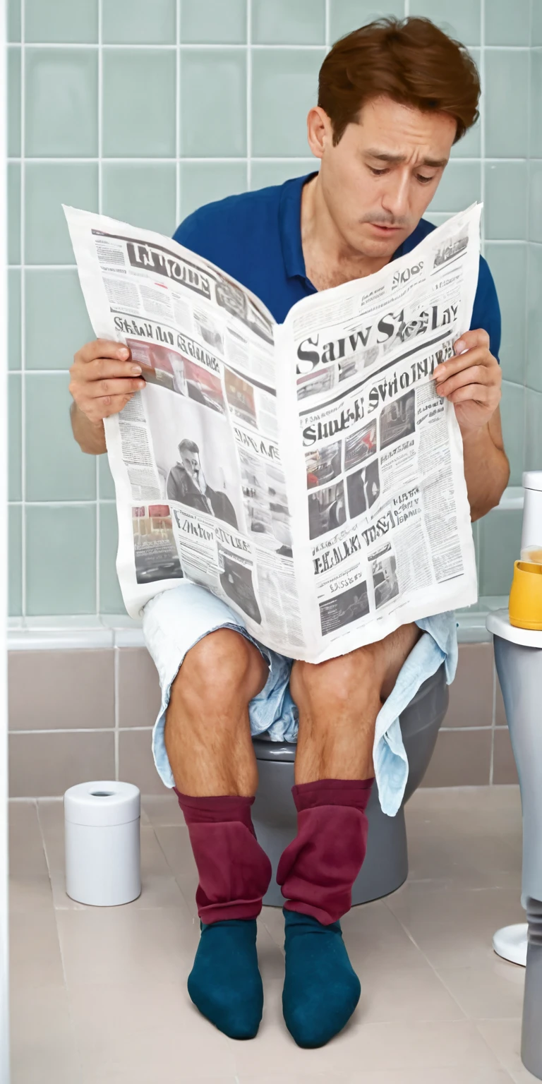 Realism,photography,8K,detail,Man sitting on toilet and reading newspaper