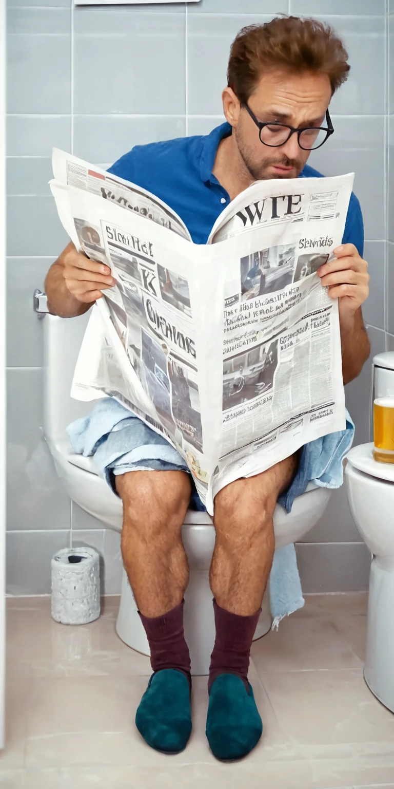 Realism,photography,8K,detail,Man sitting on toilet and reading newspaper