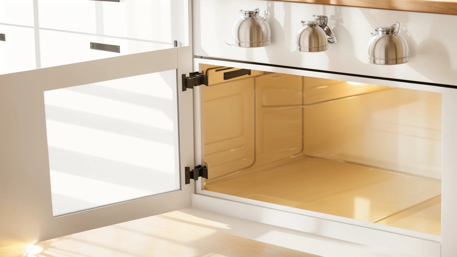 kitchen, KITCHEN DRAWERS WHITE, OVEN WITH OPEN DOOR AND LIGHT, Realistic style, realistic texture, high quality, A high resolution, DETAILED TEXTURES, BRIGHT LIGHTING, Beautiful light from the window, Beautiful sunlight, Multiple light sources