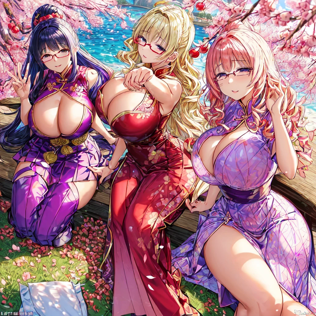 Chinese idol girl mature woman Blonde wavy hair with bangs (Bright red blush on lips) big breasts chubby plump Super big ass ((rimless glasses)) big eyes Sakura Fubuki ((fabulous, super shiny purple long skirt in chinese dress)) ((Wellingtons)) garters 8 k Photorealistic ((Cherry tree in full bloom)) (A large number of falling cherry petals) ((sunrise at dawn)) ((Sit down спиной к камере)) ((Rear view of a man, sitting upright)) ((Turn around and make eye contact)) ((Sit down, stretching out the buttocks))